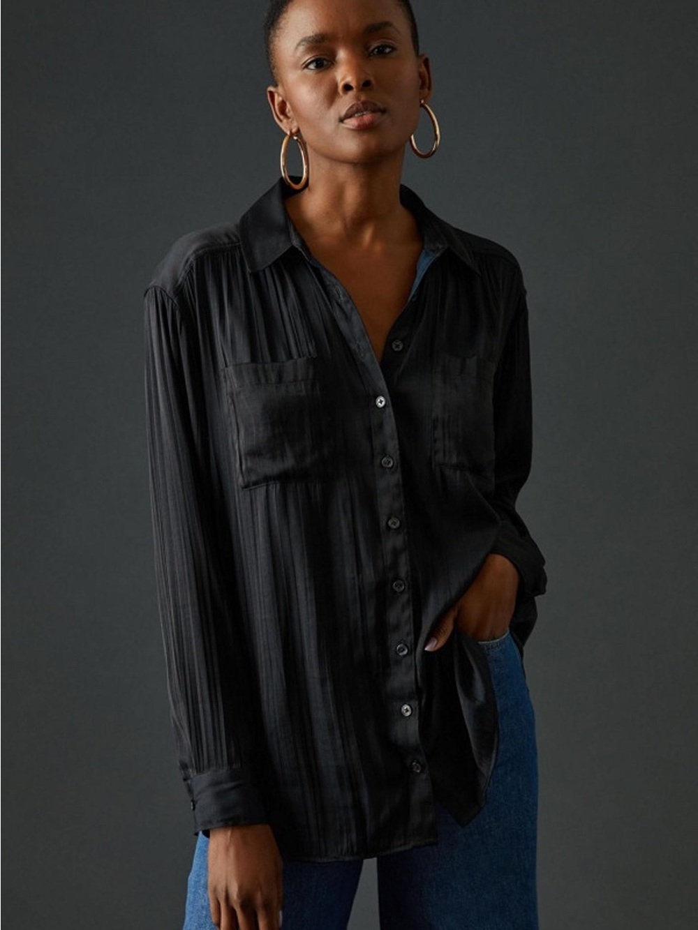 NEW Anthropologie Blouse Womens Size Medium Black Long Sleeve Button Up